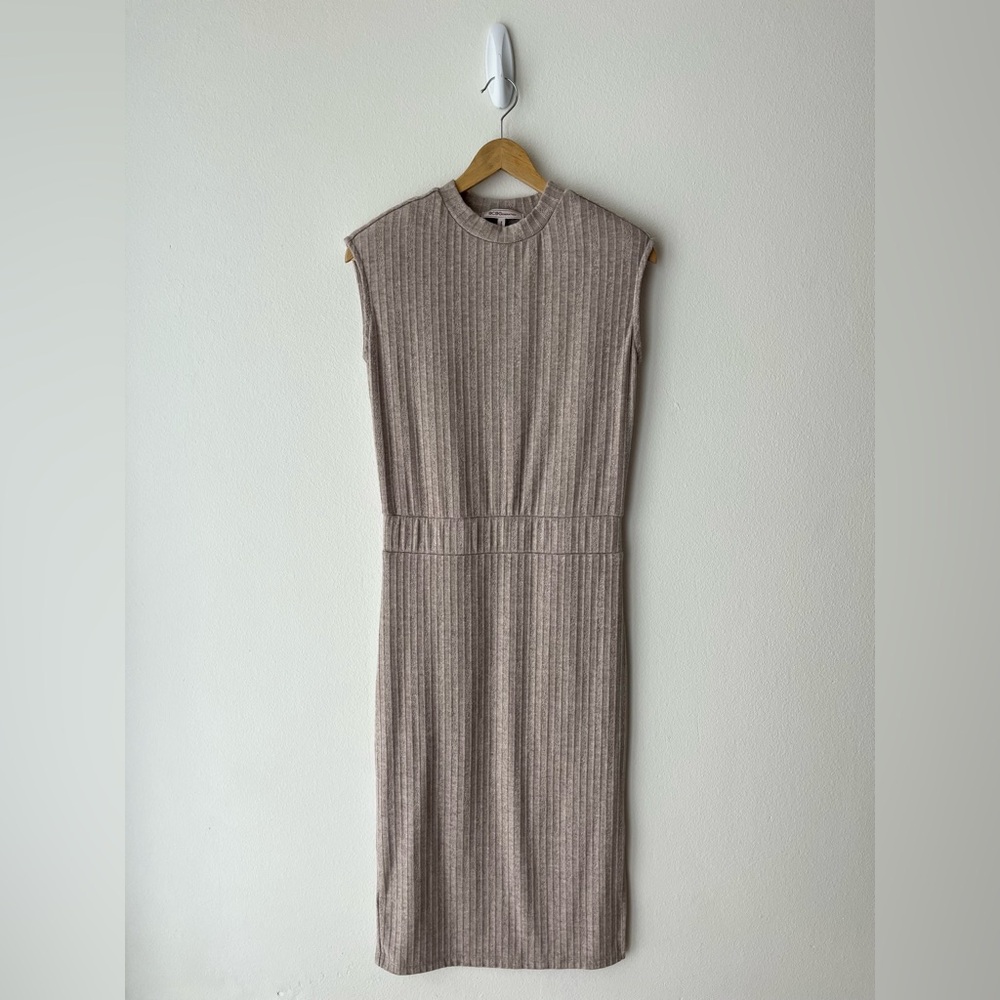 BCBGeneration Cream Midi Sheath Dress with Mock Neck and Ribbed Style